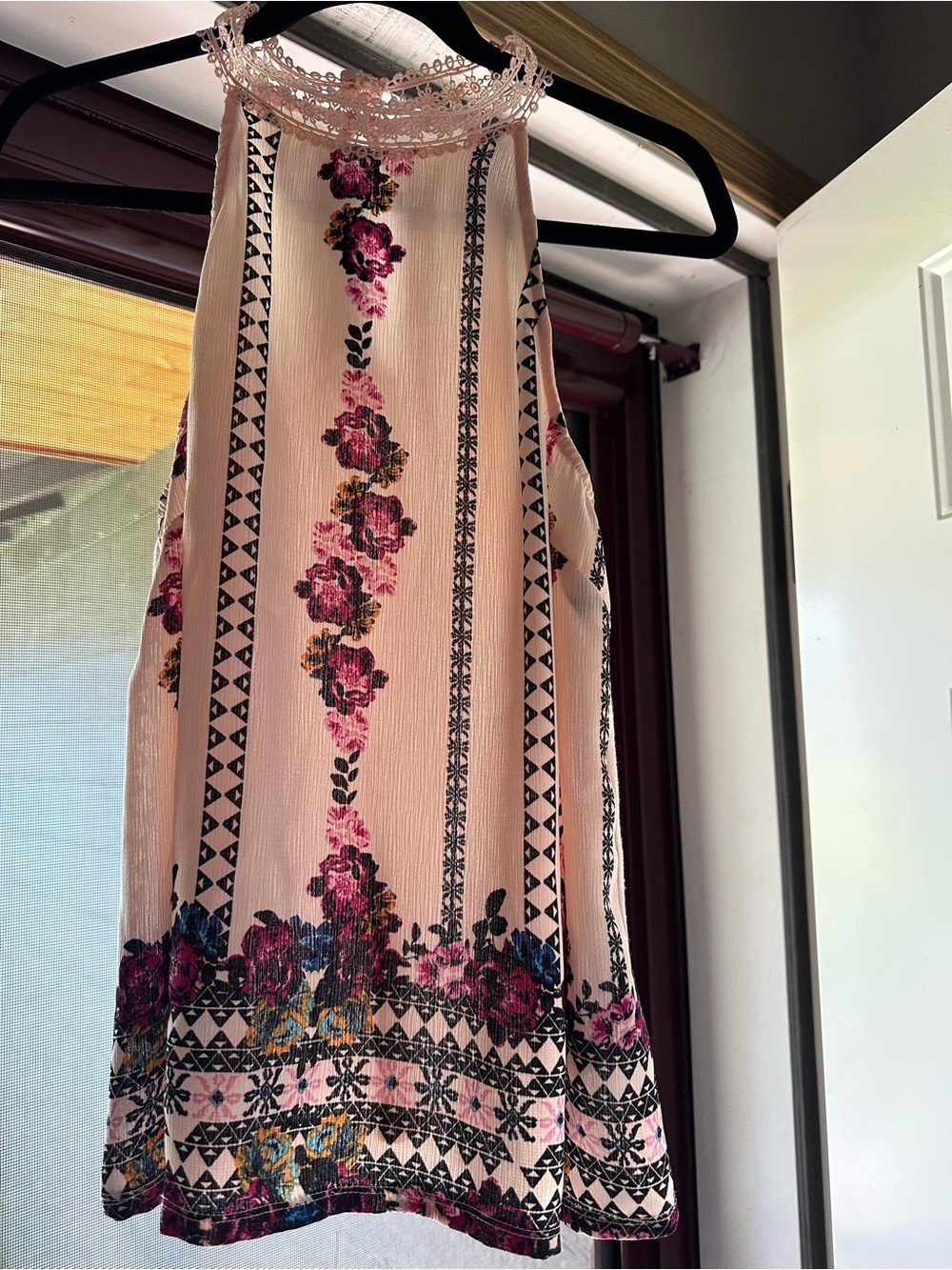 About A Girl Pale Pink Lace Top with Black Print